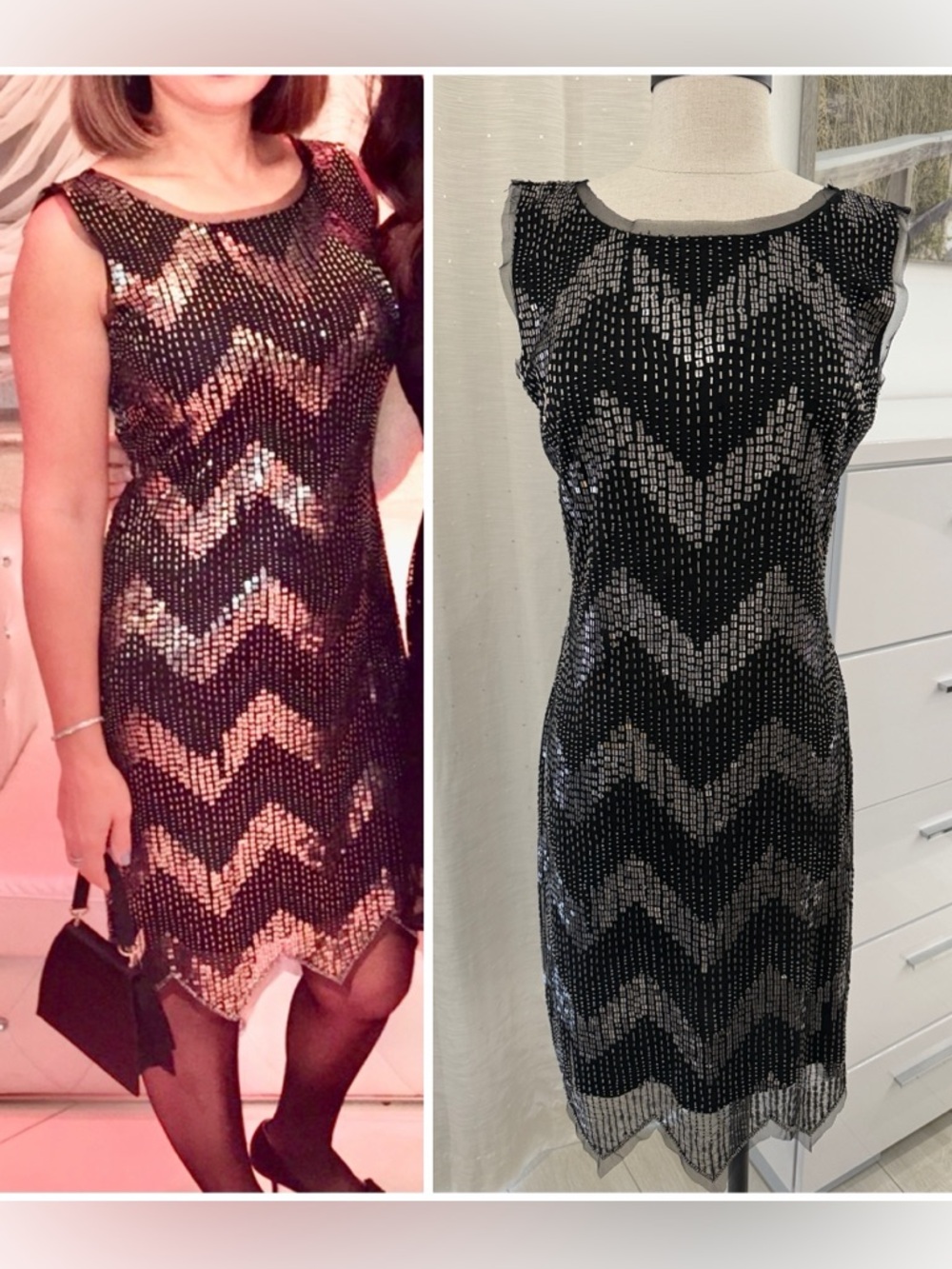 Patra Glamorous Sequin Chevron Beaded Cocktail Sheath Dress size 8